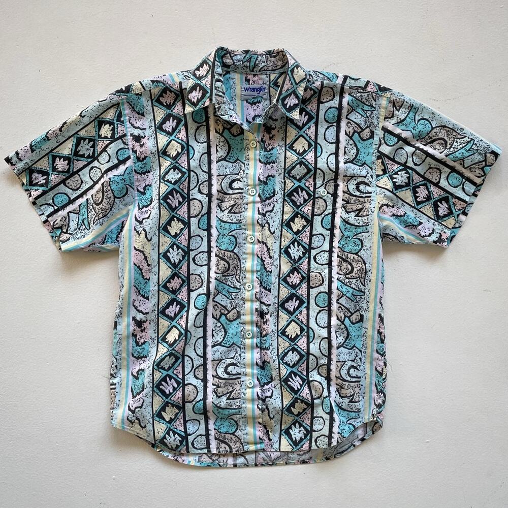 Vtg 90s WRANGLER Pastel Patterned Short Sleeve Button Up / Sz S / Abstract